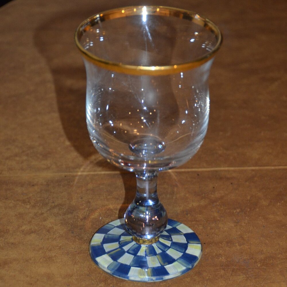 RARE RETIRED DESIGNER MACKENZIE CHILDS BLUE ROYAL CHECK GOLD WATER GLASS GOBLET - Picture 3 of 11